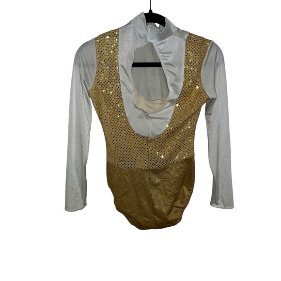 Art stone dance costume leotard dancewear gold sequins bow tie adult small e329 - Picture 2 of 4